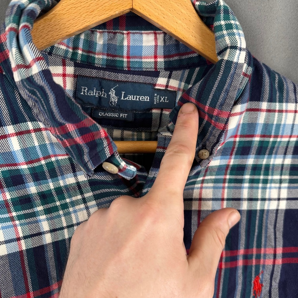 Ralph Lauren Mens XL Classic Fit Plaid Button Down Shirt Navy Red Long Sleeve - Picture 4 of 8